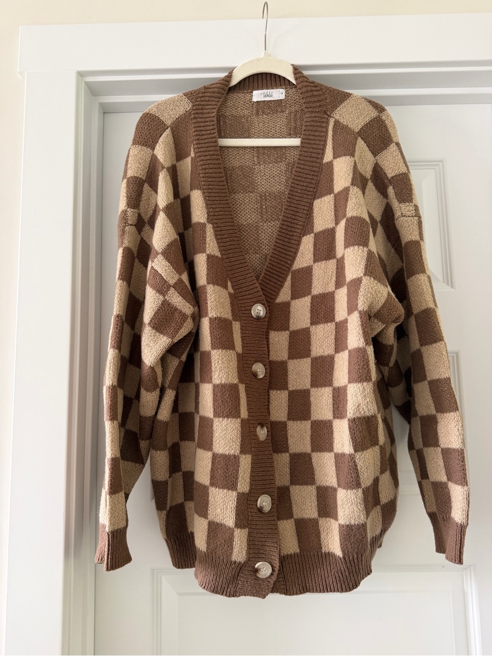 TALULAH Brown and Cream Checkerboard Cardigan